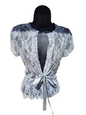 Y2K Sheer Lace Gray Blue Top Satin Ribbon Tie Floral Short Sleeves Romantic Med